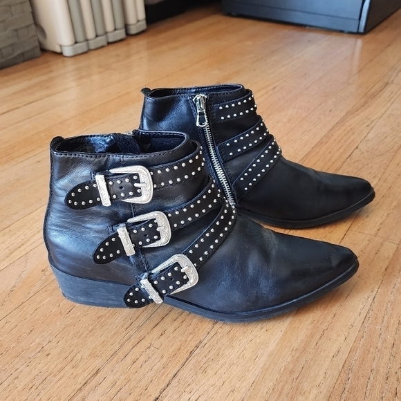 Aqua Blane Studded Buckle Leather Western Booties size 8.5 - Picture 1 of 9
